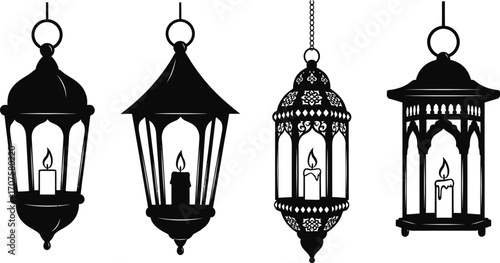 Collection of decorative vintage lanterns with glowing candles for festive ambiance