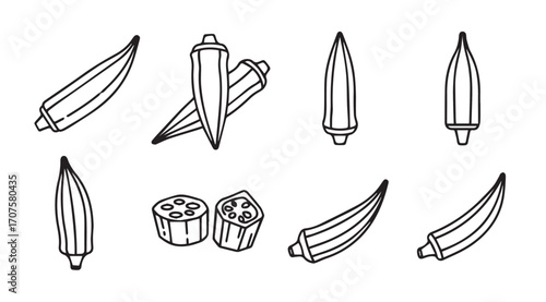 Collection of okra pods and slices in a simple line drawing silhouette