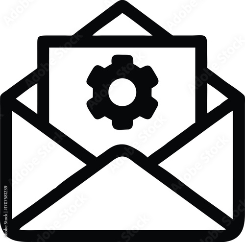 A black open outline of an envelope contains a gear icon inside it