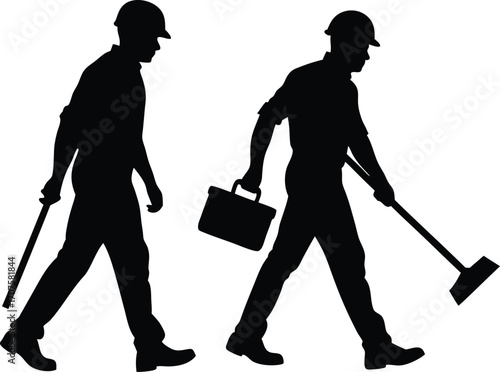 Two workers in walking and carrying tools, suggesting construction or repair work silhouette vector