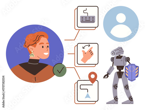 Person connected with a robot through task workflow icons including keyboard, gestures, location, and navigation. Ideal for teamwork, AI, machine learning, user interface, automation robotics