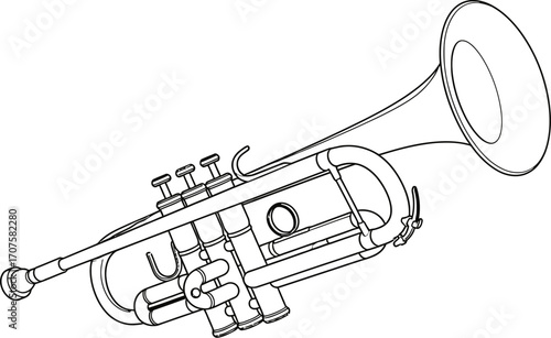 Line drawing of a brass musical instrument, a trumpet, on a white background