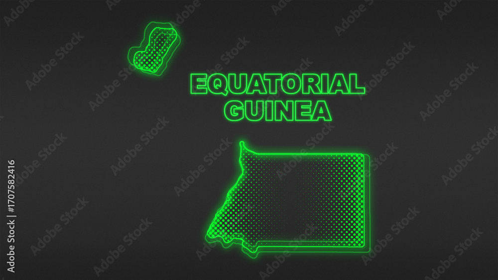Fototapeta premium Neon Green Equatorial Guinea Map Outline Futuristic Digital Glow Halftone Illustration