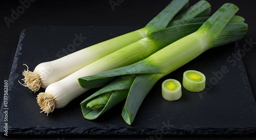 Fresh leeks on dark slate