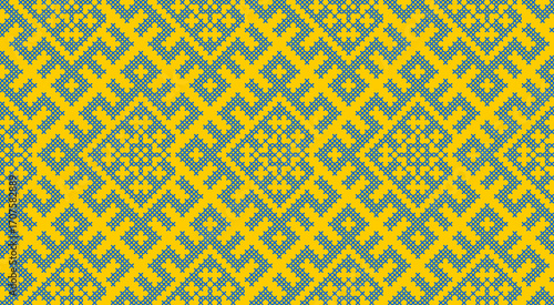 Traditional Ukrainian ornament vector, blue and yellow cross-stitch seamless pattern, ethnic vyshyvanka embroidery, folk geometric background for print, fabric, clothing, website, banner