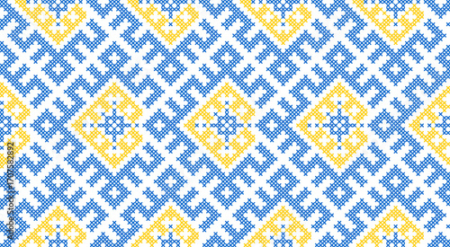 Traditional Ukrainian ornament vector, blue and yellow cross-stitch seamless pattern, ethnic vyshyvanka embroidery, folk geometric background for print, fabric, clothing, website, banner