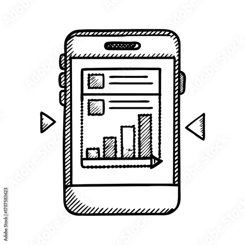 Vector art of mobile phone with graph and chart concept of business, finance, and data analysis in a simple line art style