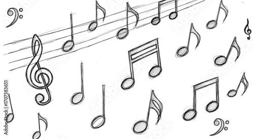 Hand drawn sketch of musical notes on a staff.