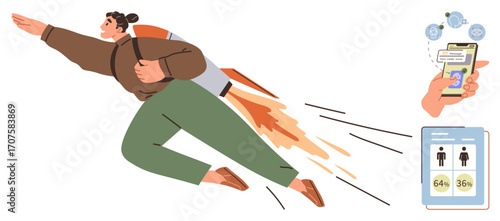 Person flying with jetpack symbolizing progress and ambition, smartphone displaying notifications, and tablet showing data insights. Ideal for growth, innovation, career, technology, analytics