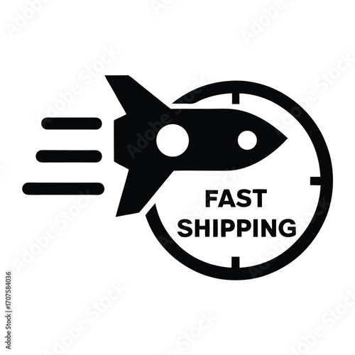 A black rocket emits speed lines as it circles fast shipping text