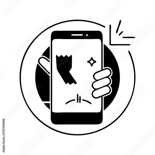 Vector art of hand holding broken smartphone the screen is shattered, indicating damage or malfunction of the device