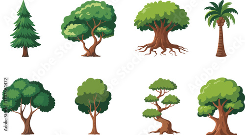 Cartoon tree bundle, green forest illustration, tropical and deciduous trees, plant landscape clipart, nature elements vector, eco foliage icons