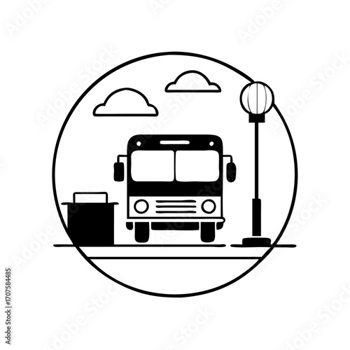 Illustration of a bus stop with a bus, a trash can, a street light, and clouds for transportation concept