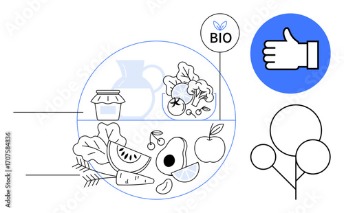 Fresh produce, leafy greens, and fruit arranged with bio and eco labels, sustainability and approval symbols. Ideal for health, organic lifestyle, farming, food industry, sustainability