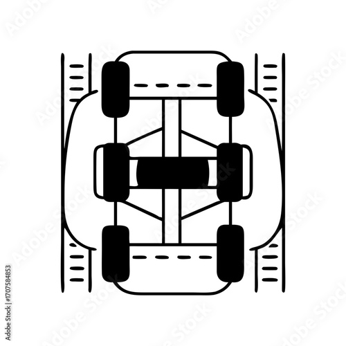 Vector art of overhead view of a car chassis showing suspension and drivetrain components for automotive enthusiasts