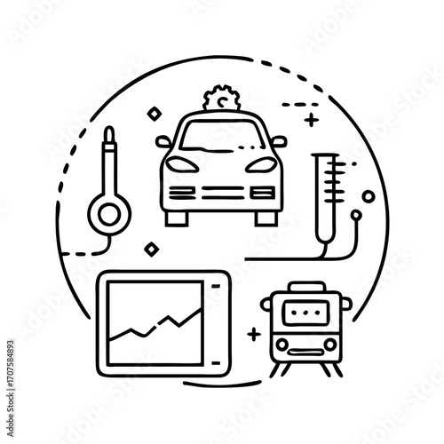 Vector art of automotive technology concept diagnostics, maintenance, and repair of vehicles with modern equipment and software