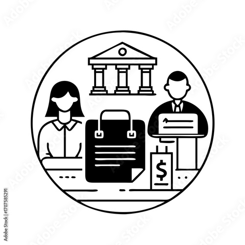 Vector art of business meeting with banker and client financial agreement and investment in simple line art style vector