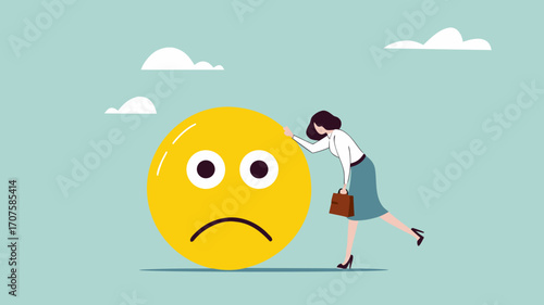 work problem, sad businesswoman leaning on big sad emoticon, business problem or economic recession from financial inflation