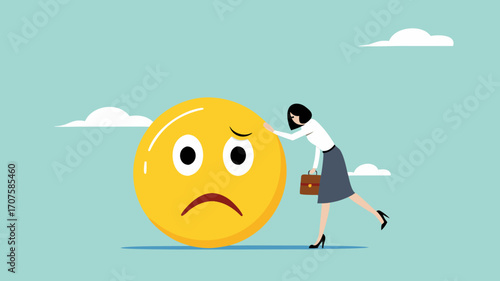 work problem, sad businesswoman leaning on big sad emoticon, business problem or economic recession from financial inflation