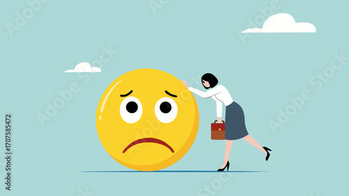 work problem, sad businesswoman leaning on big sad emoticon, business problem or economic recession from financial inflation