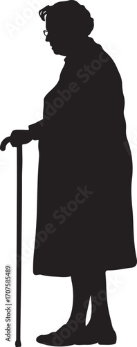 Woman Walking with Cane Silhouette Design on Transparent Background