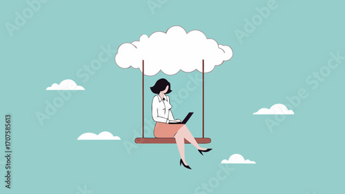 cloud computing on corporate infrastructure, remote work or work from home, technology to connect humans to complete work, woman working using laptop sitting on cloud swing concept illustration