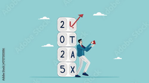 2025 tax, tax percentage policy each year, businessman with 2025 tax dice examines tax increase graph using a magnifying glass
