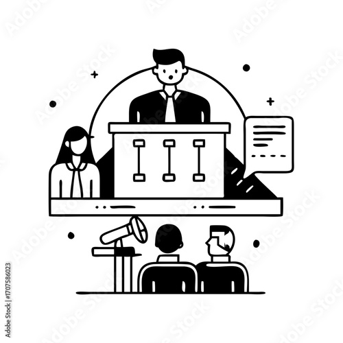 Vector art of a speaker stands at a podium addressing an audience, this vector illustration represents public speaking