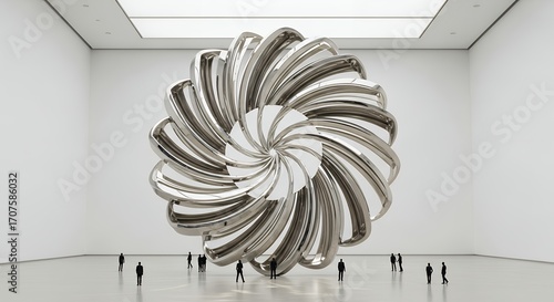 Monumental silver bloom structure in stark white art gallery, featuring diminutive people for scale, creating a dramatic composition