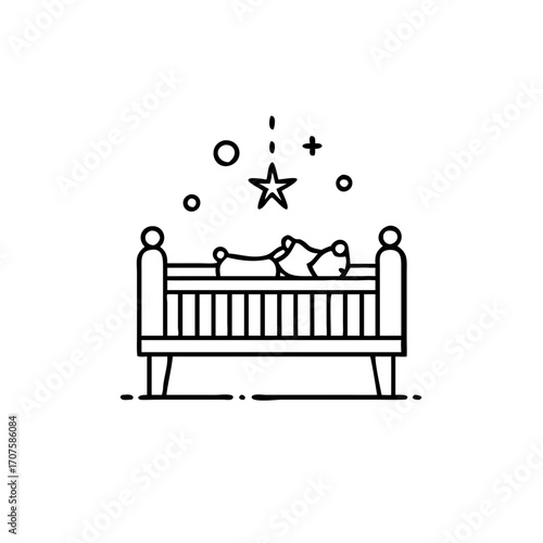Vector art of line art illustration of a baby sleeping in a crib, representing childhood, dreams, and the innocence of infancy