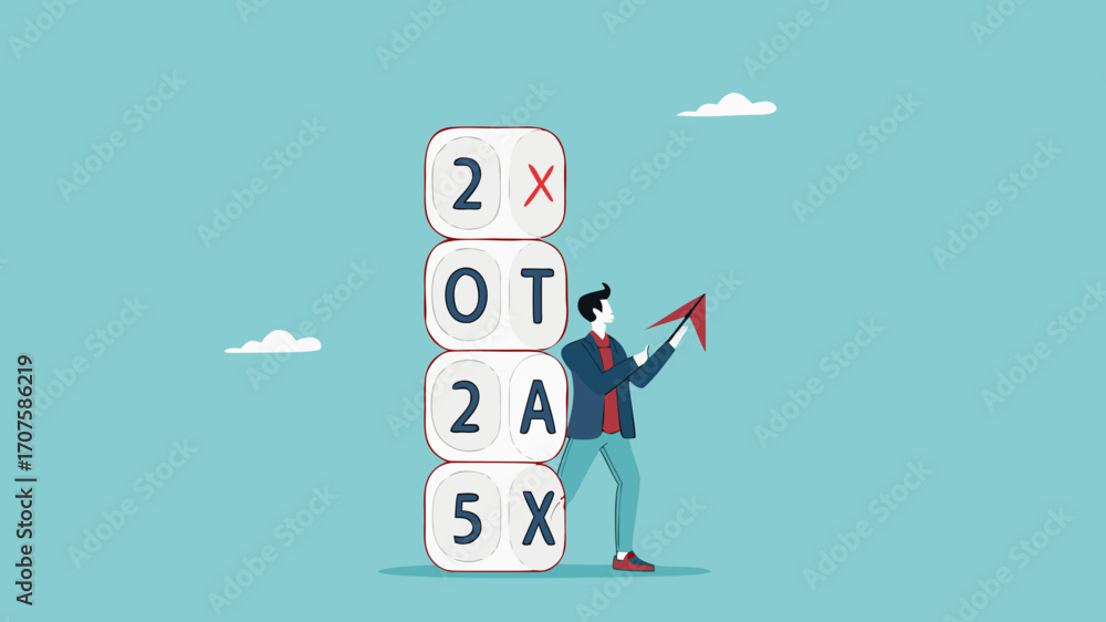 Fototapeta premium 2025 tax, tax percentage policy each year, businessman with 2025 tax dice examines tax increase graph using a magnifying glass