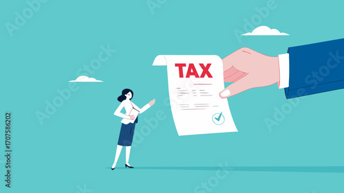 income tax burden or wealth tax, businesswoman holding saving bank looking at tax bills, financial charge and duty to pay for government, wealth management concept vector illustration