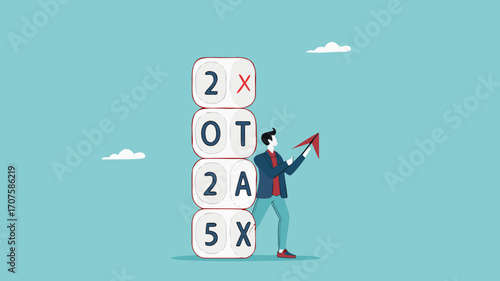 2025 tax, tax percentage policy each year, businessman with 2025 tax dice examines tax increase graph using a magnifying glass