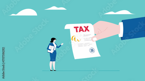income tax burden or wealth tax, businesswoman holding saving bank looking at tax bills, financial charge and duty to pay for government, wealth management concept vector illustration