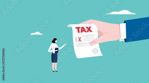 income tax burden or wealth tax, businesswoman holding saving bank looking at tax bills, financial charge and duty to pay for government, wealth management concept vector illustration