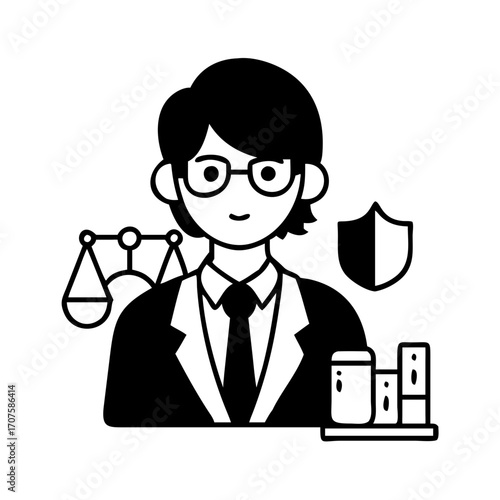 Vector art of lawyer with scales of justice, shield, and books represents legal profession, justice system, and legal expertise