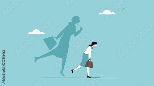 businesswoman shadow yelling to himself with megaphone concept illustration, negative critic thinking to blame your self, depressed businesswoman self shadow blame with megaphone illustration