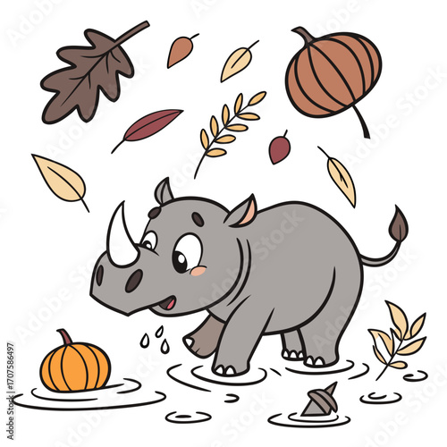 Playful Surprised Rhino design, styled with splashing in puddles and Harvest Blessings shades in a Thanksgiving setting