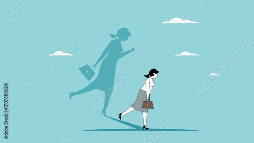 businesswoman shadow yelling to himself with megaphone concept illustration, negative critic thinking to blame your self, depressed businesswoman self shadow blame with megaphone illustration