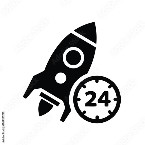A black rocket launches beside a 24 hour clock indicating around the clock access
