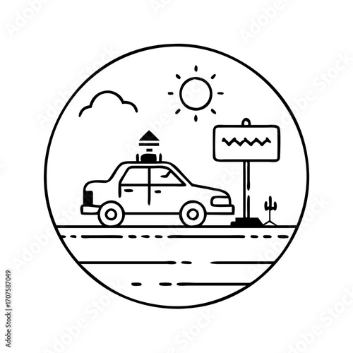 Vector art of a selfdriving car travels through the desert, showcasing autonomous vehicle technology