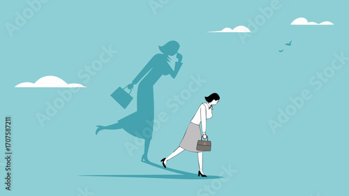 businesswoman shadow yelling to himself with megaphone concept illustration, negative critic thinking to blame your self, depressed businesswoman self shadow blame with megaphone illustration