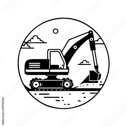 Vector art of excavator digs the ground heavy equipment for construction work earthmoving machine for digging and loading soil