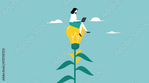 learn more knowledge to grow and success, study to get new skill, businesswoman studying on a light bulb plant concept vector illustration