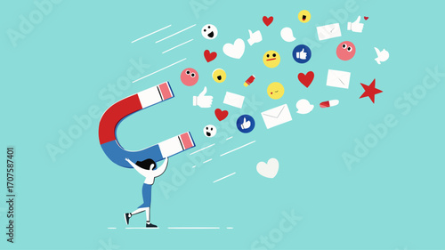 attraction marketing, strategy to result in making more sales, increasing interaction in digital marketing strategies, business woman carry large magnets to generate high content engagement