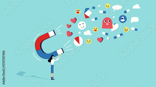 attraction marketing, strategy to result in making more sales, increasing interaction in digital marketing strategies, business woman carry large magnets to generate high content engagement
