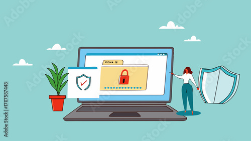 confidential document, security or protection for archiving important files or documents, secret security key for privacy protection, woman locks document folder on laptop with security padlock