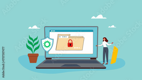 confidential document, security or protection for archiving important files or documents, secret security key for privacy protection, woman locks document folder on laptop with security padlock