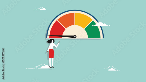 poor performance employee with woman office worker hanging on the needle measuring low performance, bad rating evaluation, laziness in improving the quality of performance