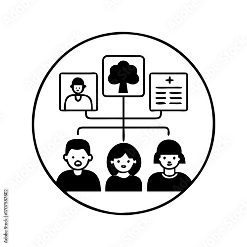 Vector art of family tree diagram, showing lineage and medical history in a simple line art style within a circular frame